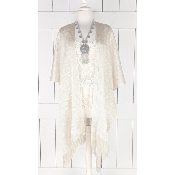 Light gold metallic mesh kimono cover up fringe jacket - Picture 3 of 5